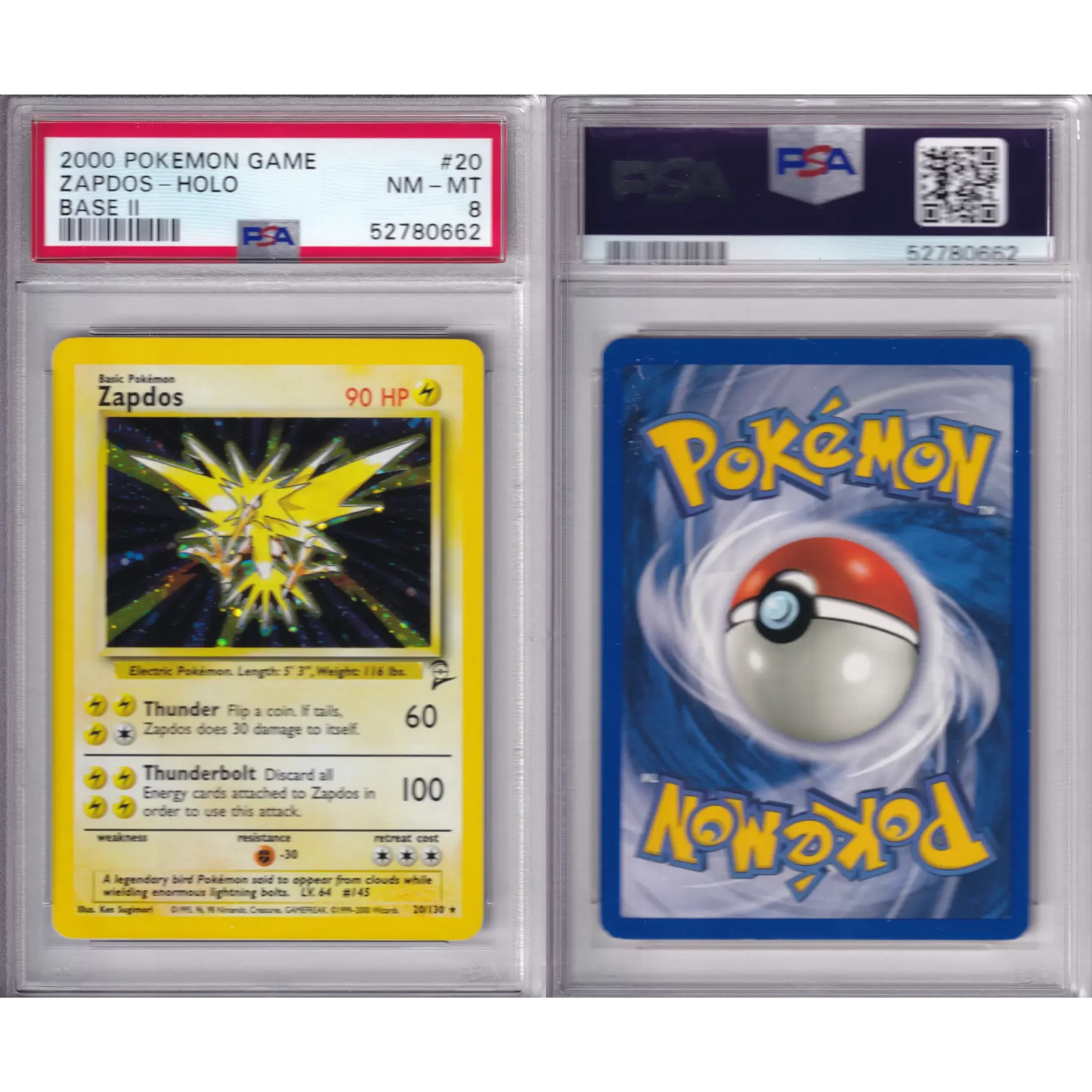 Pokémon Base set 2 Zapdos Holo 20 130 PSA 8